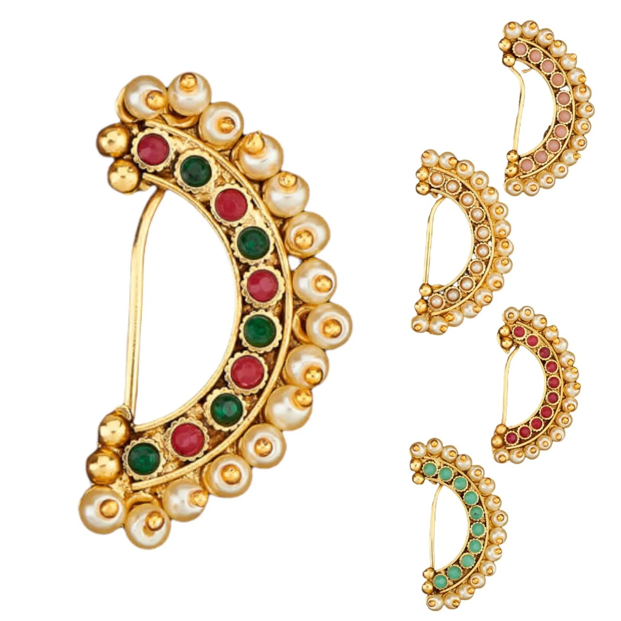 Indian Marathi Nath for Women - Antique Golden Pressing Moon Marathi Nose Ring Indian Jewelry Clip-On Marathi Bridal Nathani Bollywood Faux Pearl Non-Piercing Jewelry for Women Gift For Her